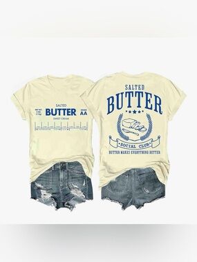 Salted Butter Graphic Tee - Cream with Blue Print